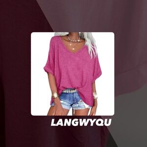 EUC Langwyqu Pink V Neck Oversized Tee Shirt